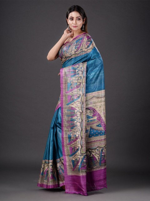 

Mitera women Turquoise Blue & Purple Ethnic Motifs Silk Blend Saree