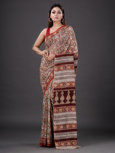 

Mitera Cream-Coloured & Maroon Floral Pure Cotton Saree