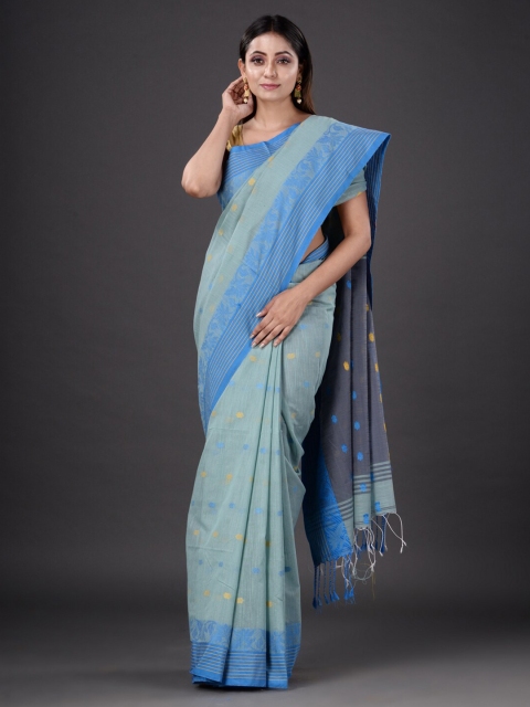 

Mitera Grey & Blue Floral Zari Silk Cotton Heavy Work Saree