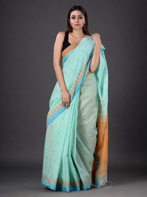 

Mitera Sea Green & Orange Floral Zari Silk Cotton Heavy Work Saree