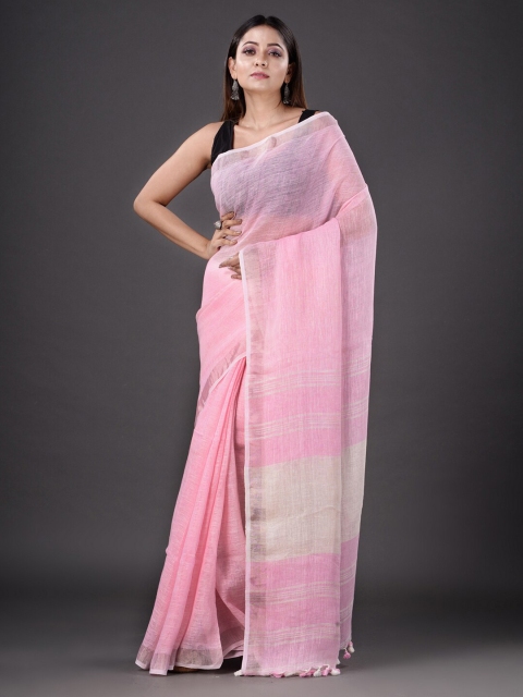 

Mitera Women Pink & White Pure Linen Heavy Work Saree