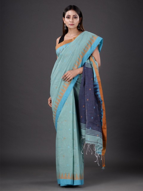 

Mitera Sea Green & Navy Blue Floral Silk Cotton Heavy Work Saree