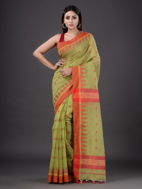 

Mitera Green & Orange Floral Zari Silk Cotton Heavy Work Saree