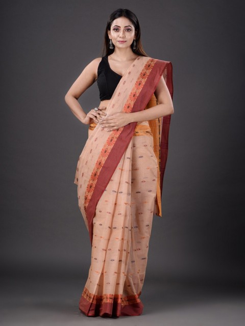 

Mitera Beige & Orange Woven Design Zari Pure Cotton Heavy Work Saree