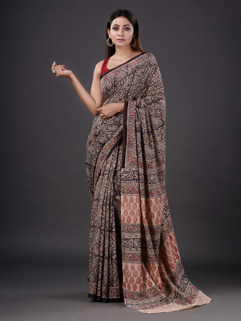 

Mitera Cream-Coloured & Blue Floral Pure Cotton Saree