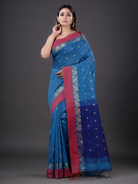 

Mitera women Blue & Red Floral Silk Cotton Heavy Work Saree
