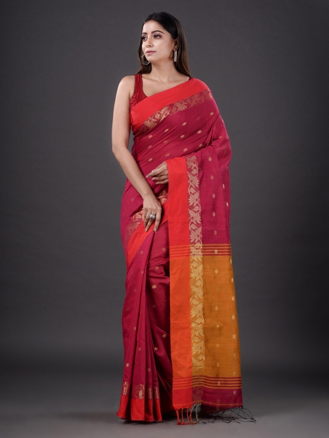 

Mitera Pink & Red Ethnic Motifs Silk Cotton Heavy Work Saree