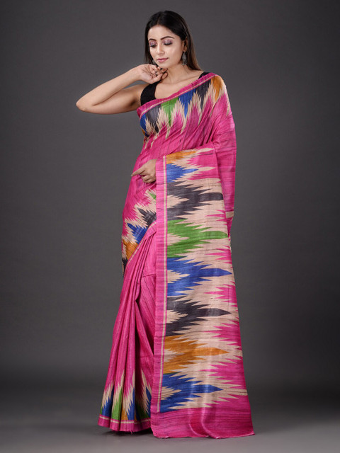 

Mitera Pink & Blue Geometric Printed Silk Blend Saree