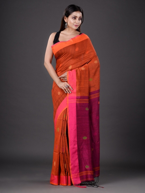 

Mitera Rust & Orange Floral Zari Pure Cotton Heavy Work Saree