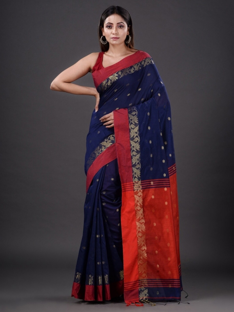 

Mitera Blue & Red Floral Zari Silk Cotton Heavy Work Saree