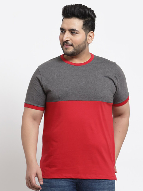 

Kalt Plus Size Men Grey & Coral Colourblocked T-shirt