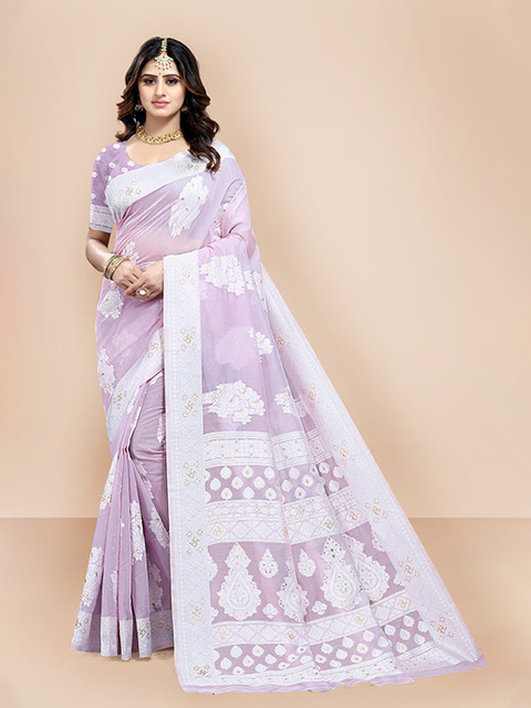 

VAIRAGEE Women Purple & White Woven Design Zari Pure Silk Saree