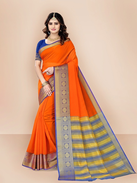 

VAIRAGEE Orange & Blue Woven Design Zari Pure Cotton Saree