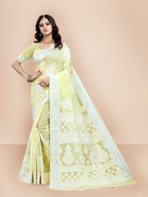 

VAIRAGEE Women Yellow & White Woven Design Zari Pure Silk Saree
