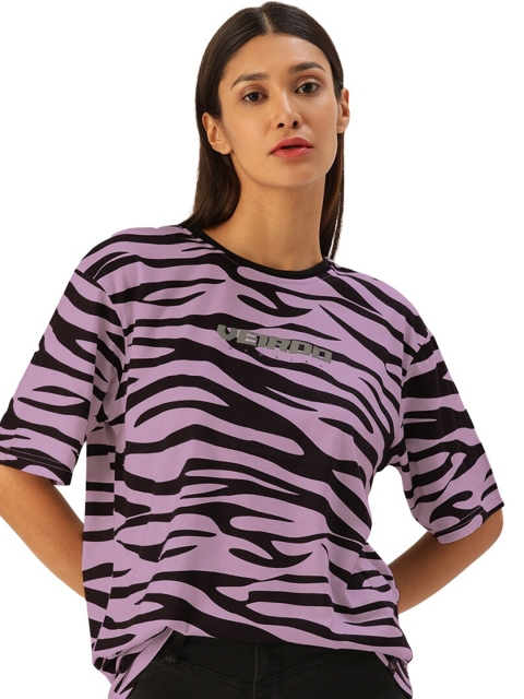 

VEIRDO Women Purple Striped Zebra Print Loose T-shirt