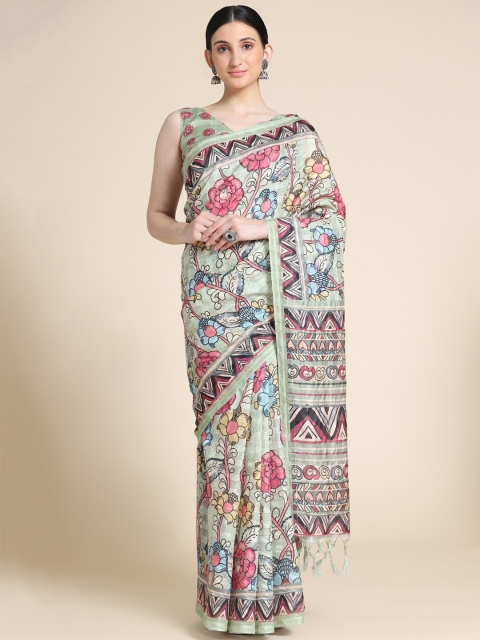 

VISHNU WEAVES Green & Rust Kalamkari Printed Cotton Saree