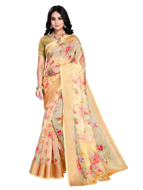 

VENISA Yellow & Pink Floral Zari Bagh Saree