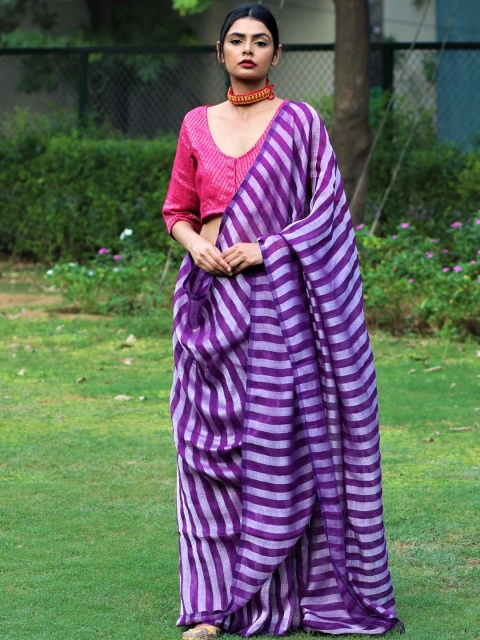 

Chidiyaa Purple & Silver-Toned Striped Pure Linen Saree