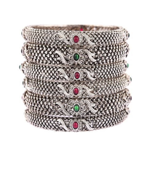 

Efulgenz Set of 6 Silver-Toned Rhodium-Plated Oxidized Bangles