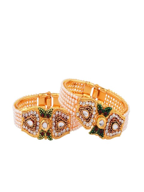 

Efulgenz Set of 2 Gold-Plated Green & White Kundan Studded & Beaded Enameled Bangles