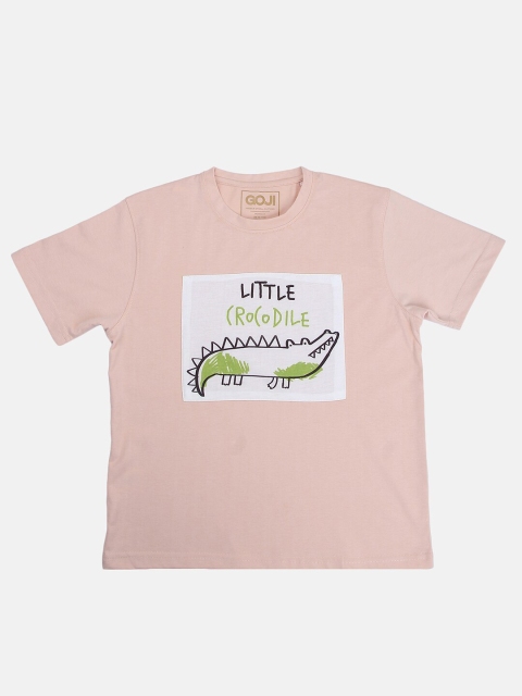 

GOJI Unisex Kids Peach Typography Printed Cotton T-shirt