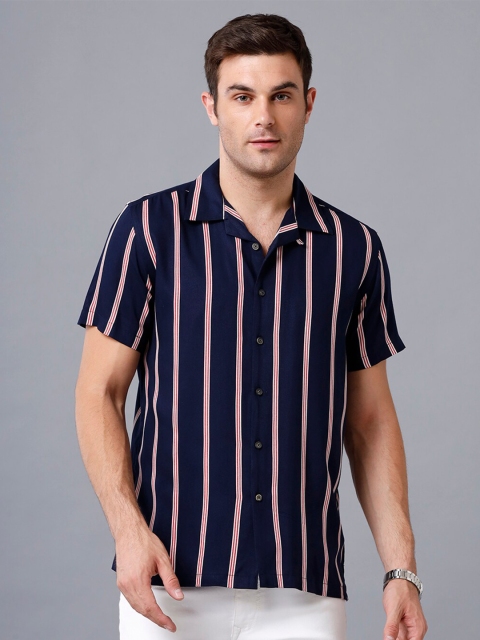 

YOVISH Men Navy Blue Smart Slim Fit Striped Casual Shirt