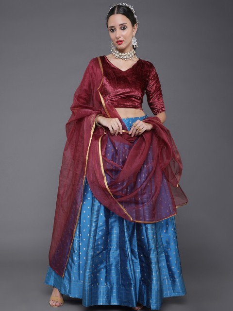 

saubhagya Blue & Maroon Ready to Wear Lehenga & Blouse With Dupatta