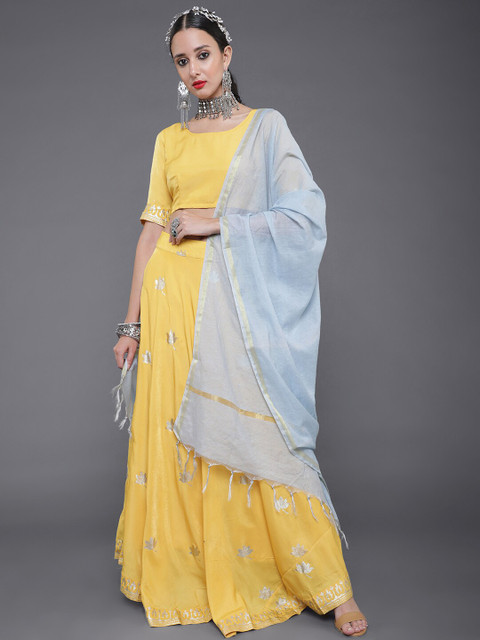 

saubhagya Yellow & Silver-Toned Printed Ready to Wear Lehenga & Blouse With Dupatta