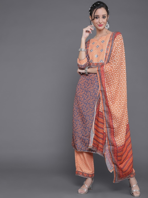

saubhagya Women Orange Floral Yoke Design Kurta with Trousers & With Dupatta