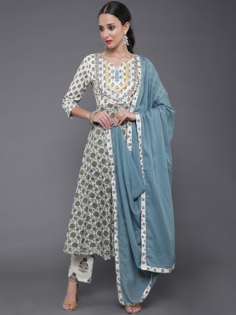 

saubhagya Women Cream-Coloured Floral Printed Pure Cotton Kurta with Trousers & With Dupatta