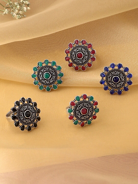 

Yellow Chimes Set of 5 Oxidized Silver-Toned Red, Blue & Green Stone Studded Adjustable Finger Ring