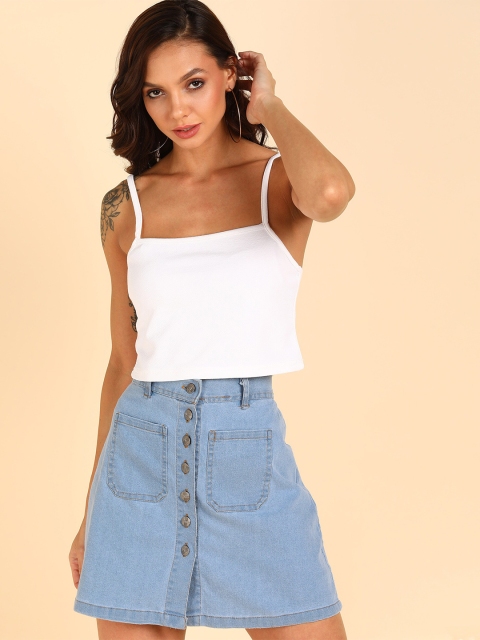 

MONTREZ Women White & Blue Cami Top with Denim A-Line Skirt