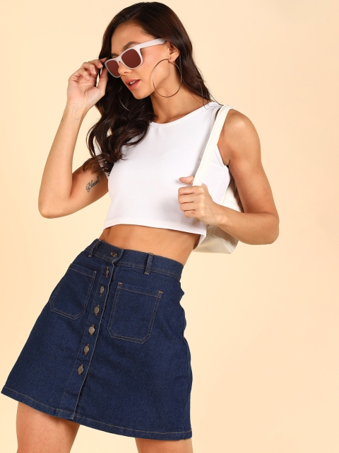 

MONTREZ Women White & Blue Top with Denim A-Line Skirt