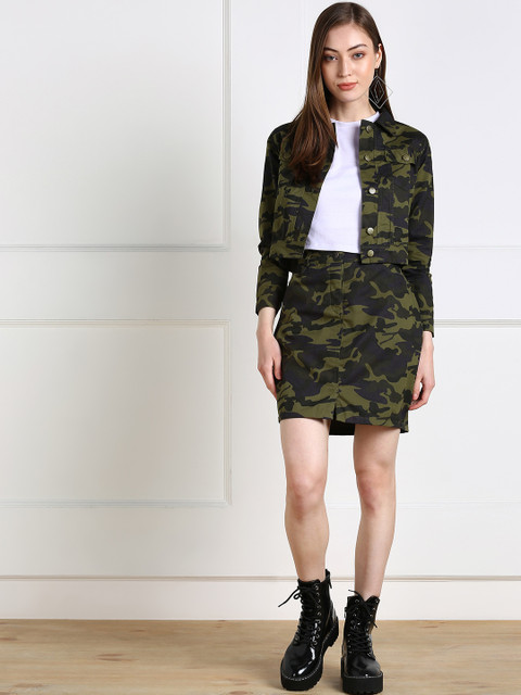 

MONTREZ Green Camouflage Printed Denim Skirt with a Denim Jacket