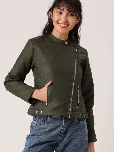 

DressBerry Women Olive Green Solid Biker Jacket