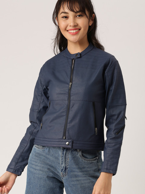

DressBerry Women Navy Blue Solid Biker Jacket