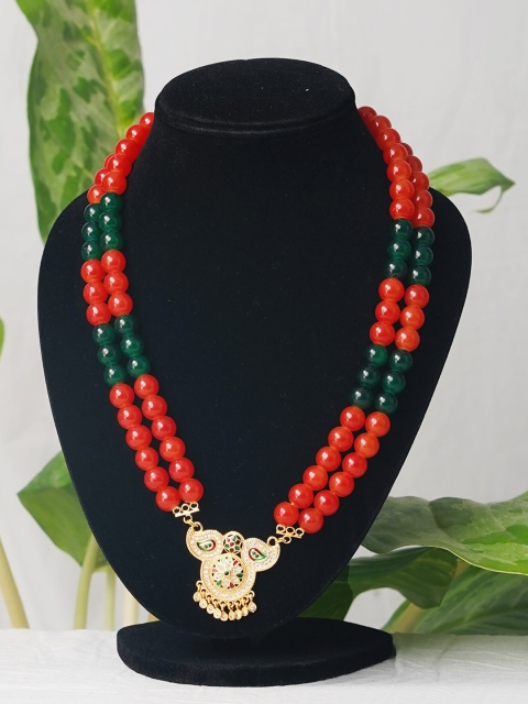 

Unnati Silks Green & Orange Layered Necklace with 1gm Gold Plated Pendant