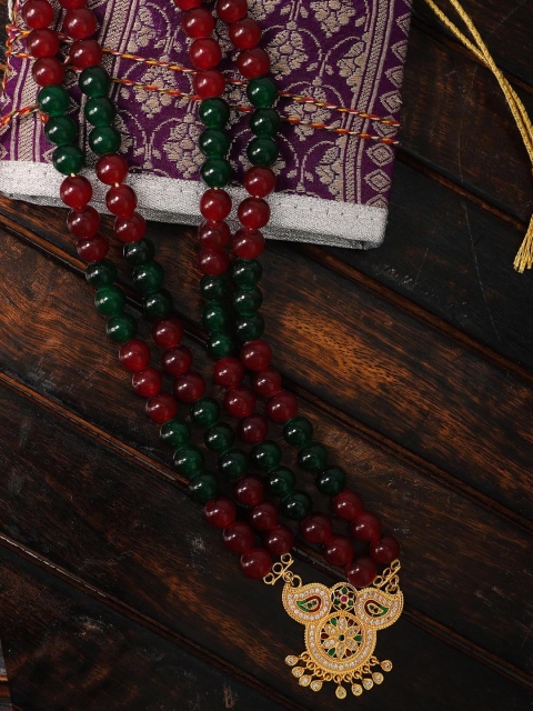 

Unnati Silks Green & Red Layered Necklace with 1gm Gold Plated Pendant