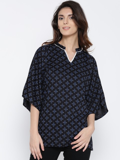 

The Kaftan Company Women Black & Blue Printed Pure Cotton Top