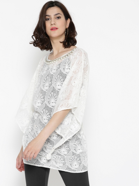 

The Kaftan Company Women Off-White Embroidered Sheer Top