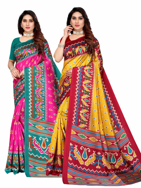 

AADVIKA Pack of 2 Pink & Yellow Ethnic Motifs Mysore Silk Saree
