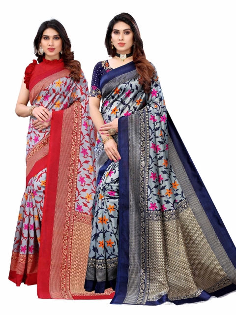 

AADVIKA Grey & Red Floral Mysore Art Silk Saree Pack Of 2