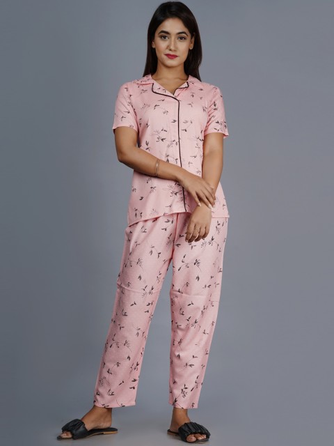 

FABISTA Women Pink & Black Printed Night suit