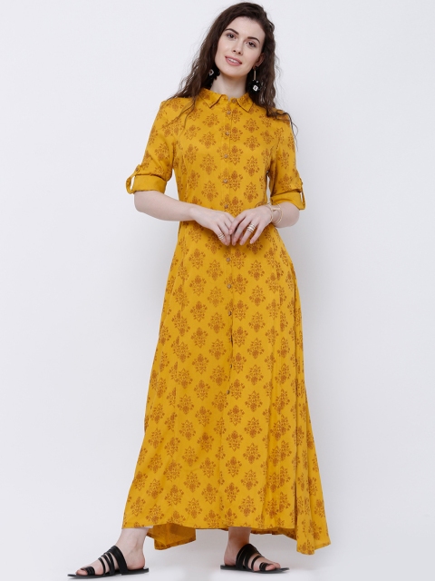 

Vishudh Women Mustard Yellow Printed A-Line Kurta