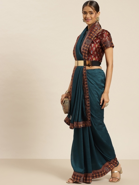 

all about you Women Red & Green Solid Poly Silk Zari Saree