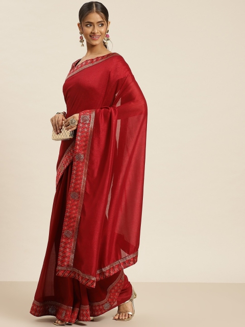 

all about you Maroon & Gold-Toned Zari Poly Silk Solid Saree With Blouse Piece
