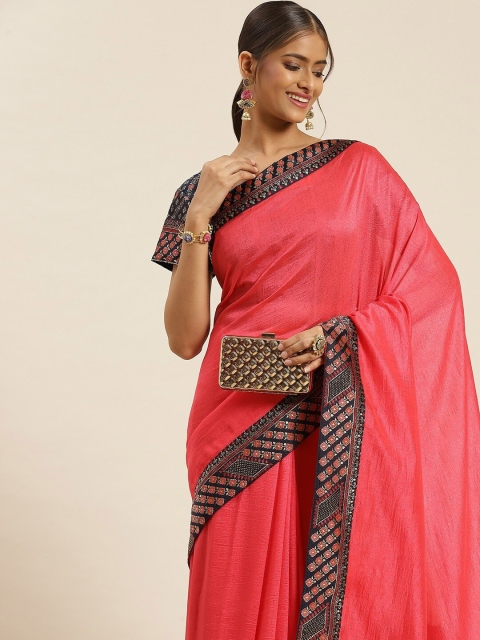 

all about you Pink & Black Poly Silk Embellished Border Saree