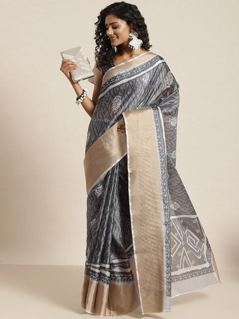 

all about you Grey & White Floral Zari Silk Blend Saree