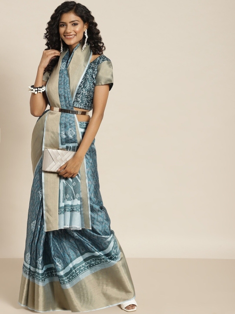 

all about you Teal & White Ethnic Motifs Zari Silk Blend Saree