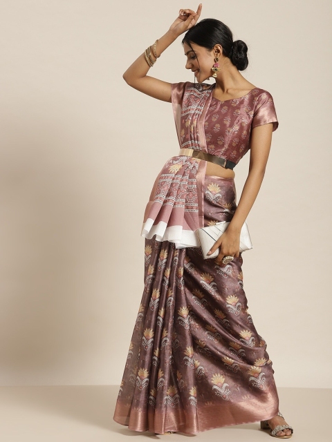 

all about you Mauve & Yellow Floral Zari Silk Blend Saree